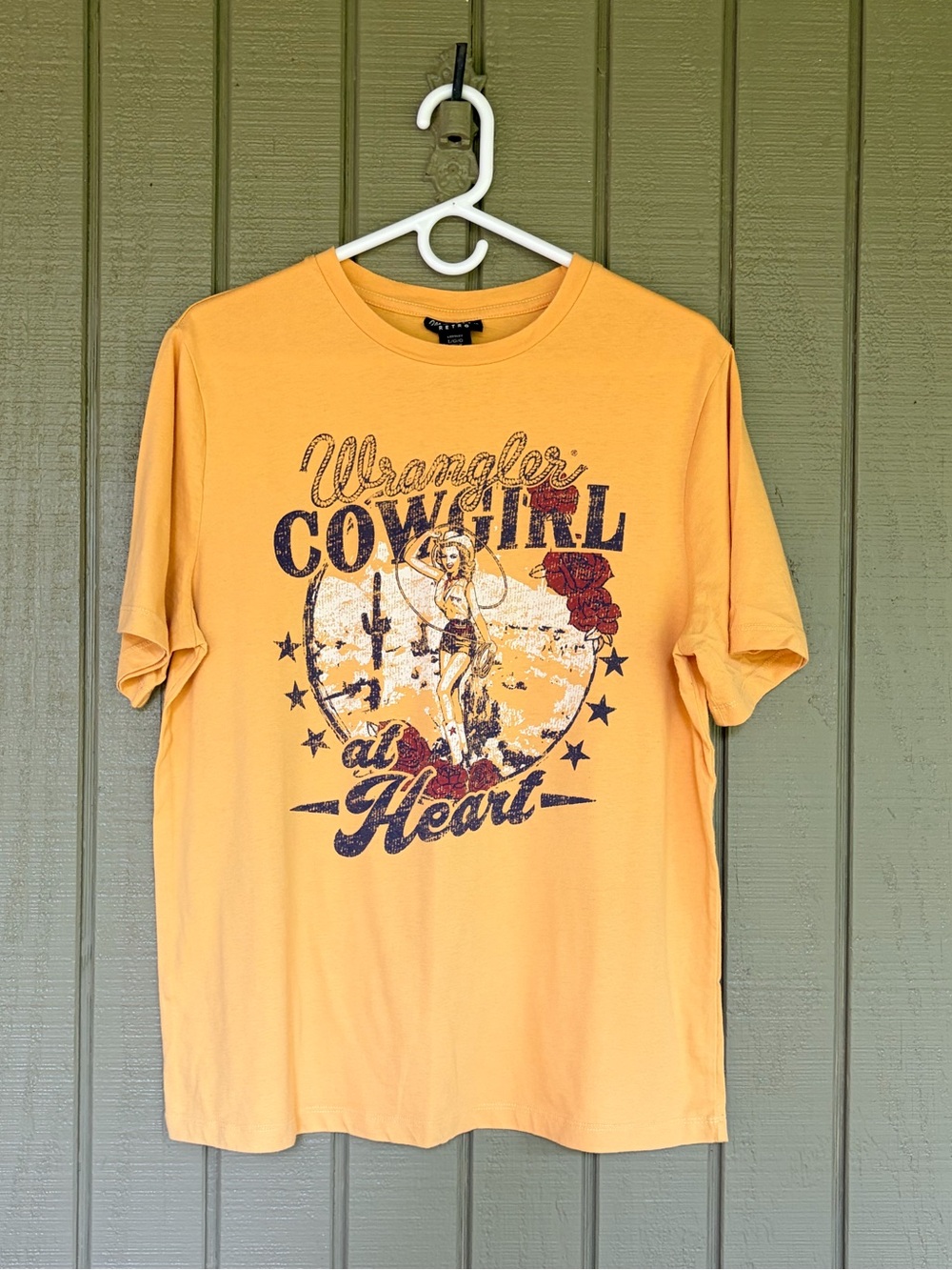 Wrangler Retro Cowgirl at Heart Graphic Tee Yellow Mustard Western Shirt Size L